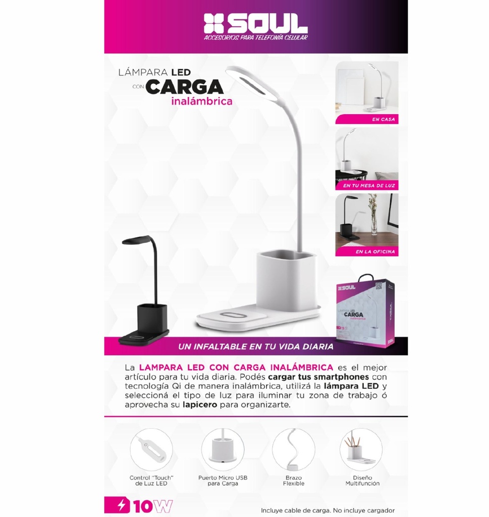 CARGADOR INALAMBRICO SOUL Q100BL LAMPARA LED